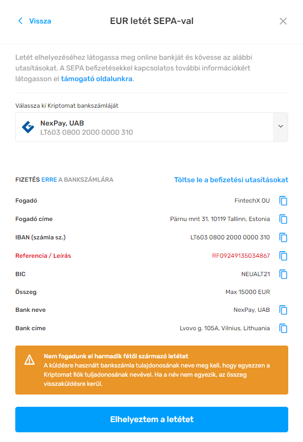 Kriptomat SEPA utalás